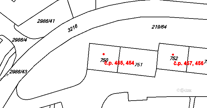 Toužim 454,455 na parcele st. 750 v KÚ Toužim, Katastrální mapa