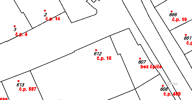 Šardice 15 na parcele st. 612 v KÚ Šardice, Katastrální mapa