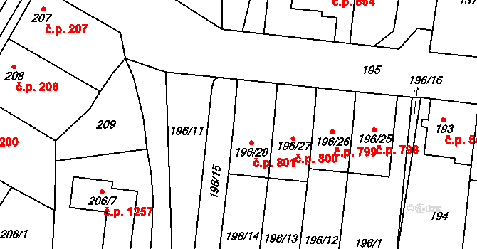 Kosmonosy 801 na parcele st. 196/28 v KÚ Kosmonosy, Katastrální mapa