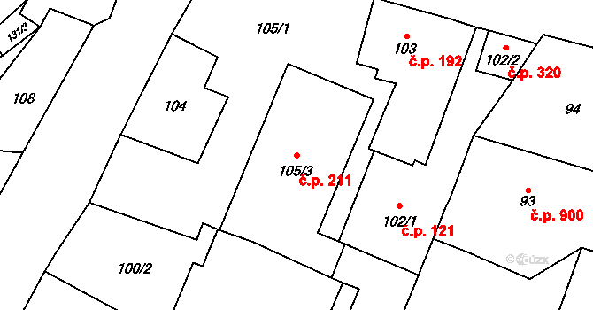 Dolní Lutyně 211 na parcele st. 105/3 v KÚ Dolní Lutyně, Katastrální mapa