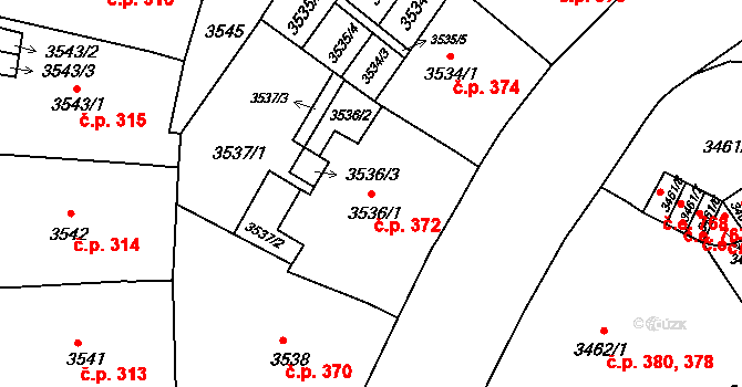 Černá Pole 372, Brno na parcele st. 3536/1 v KÚ Černá Pole, Katastrální mapa