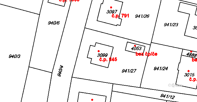 Plzeňské Předměstí 845, Rokycany na parcele st. 3099 v KÚ Rokycany, Katastrální mapa