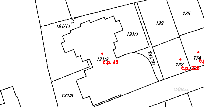 Ruzyně 42, Praha na parcele st. 131/2 v KÚ Ruzyně, Katastrální mapa