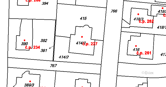 Dolní Měcholupy 227, Praha na parcele st. 414/1 v KÚ Dolní Měcholupy, Katastrální mapa
