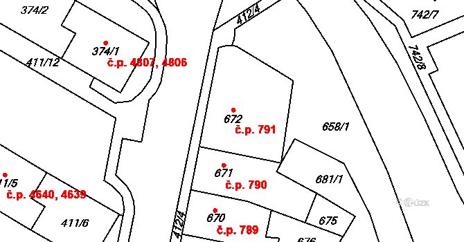 Chomutov 791 na parcele st. 672 v KÚ Chomutov I, Katastrální mapa