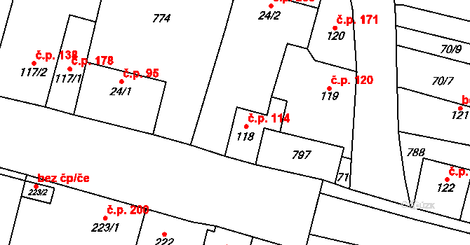 Plaňany 114 na parcele st. 118 v KÚ Plaňany, Katastrální mapa
