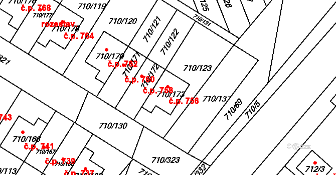 Poříčí 756, Boršov nad Vltavou na parcele st. 710/173 v KÚ Boršov nad Vltavou, Katastrální mapa