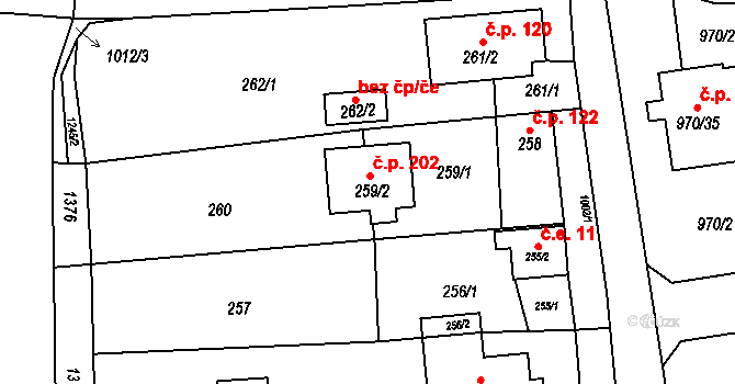 Meclov 202 na parcele st. 259/2 v KÚ Meclov, Katastrální mapa