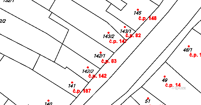 Jimramov 83 na parcele st. 142/1 v KÚ Jimramov, Katastrální mapa