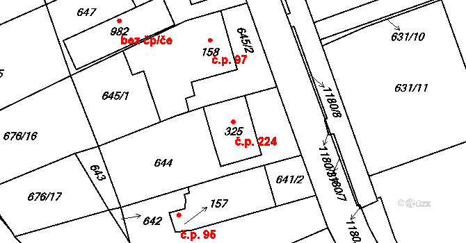 Prštné 224, Zlín na parcele st. 325 v KÚ Prštné, Katastrální mapa