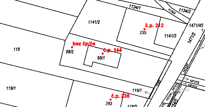 Mokré Lazce 144 na parcele st. 98/1 v KÚ Mokré Lazce, Katastrální mapa
