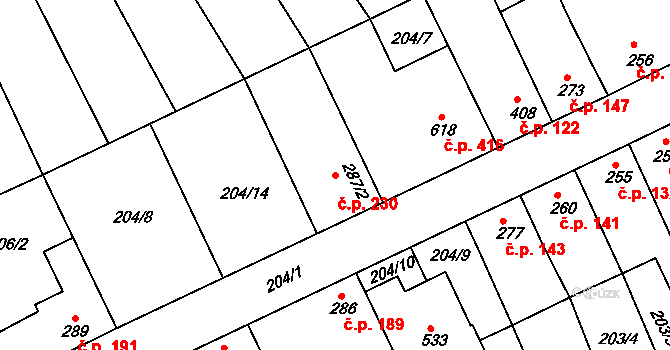 Uherský Ostroh 230 na parcele st. 287/2 v KÚ Uherský Ostroh, Katastrální mapa