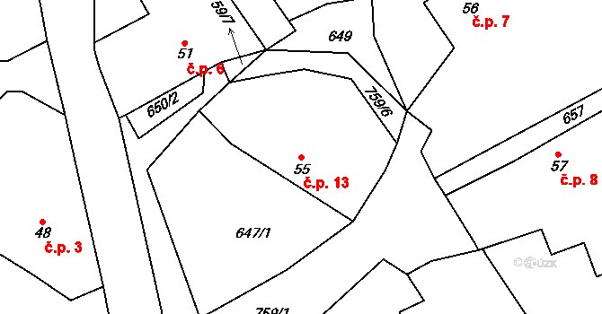 Tuchov 13, Bousov na parcele st. 55 v KÚ Bousov, Katastrální mapa