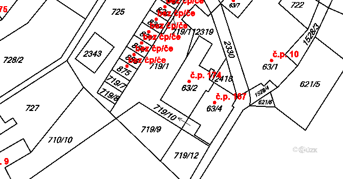 Hanušovice 174 na parcele st. 63/2 v KÚ Hanušovice, Katastrální mapa