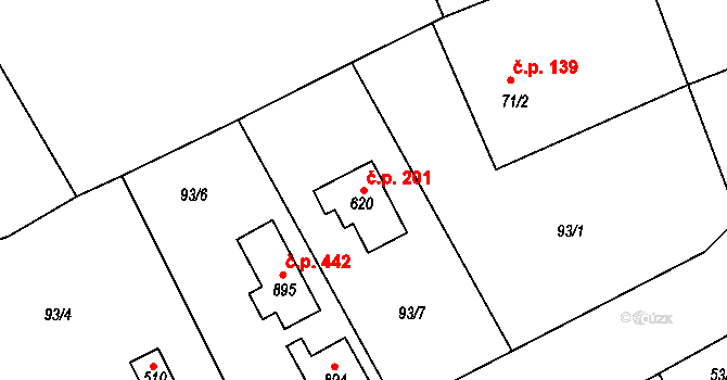 Psáry 201 na parcele st. 620 v KÚ Psáry, Katastrální mapa
