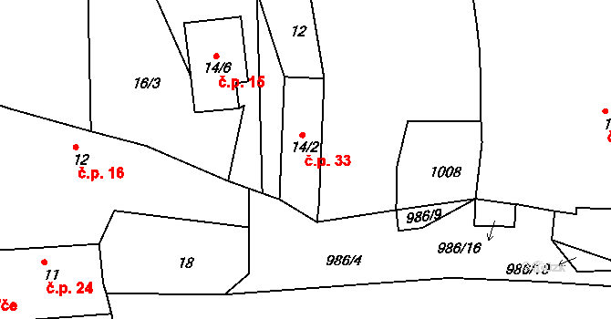 Mohelnice 33 na parcele st. 14/2 v KÚ Mohelnice u Nepomuka, Katastrální mapa
