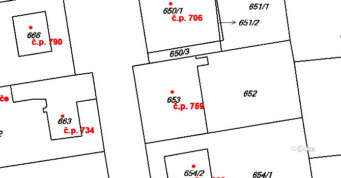 Třemošná 759 na parcele st. 653 v KÚ Třemošná, Katastrální mapa