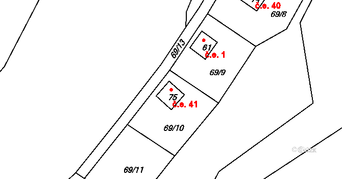 Pivonín 41, Zábřeh na parcele st. 75 v KÚ Pivonín, Katastrální mapa