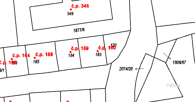 Merklín 160 na parcele st. 183 v KÚ Merklín u Přeštic, Katastrální mapa