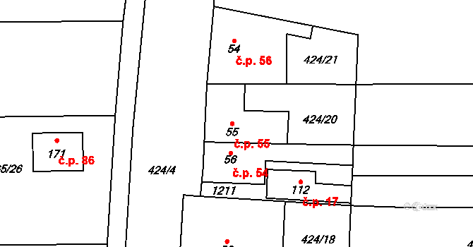 Bartoušov 55 na parcele st. 55 v KÚ Bartoušov, Katastrální mapa