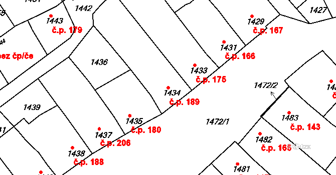Hrušky 189 na parcele st. 1434 v KÚ Hrušky, Katastrální mapa