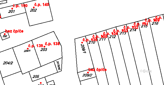 Uherčice 136 na parcele st. 209/1 v KÚ Uherčice u Hustopečí, Katastrální mapa