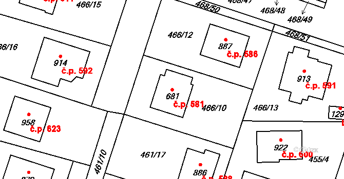 Chotěšov 581 na parcele st. 681 v KÚ Chotěšov, Katastrální mapa