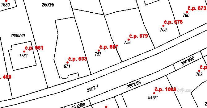 Dobřany 667 na parcele st. 757 v KÚ Dobřany, Katastrální mapa