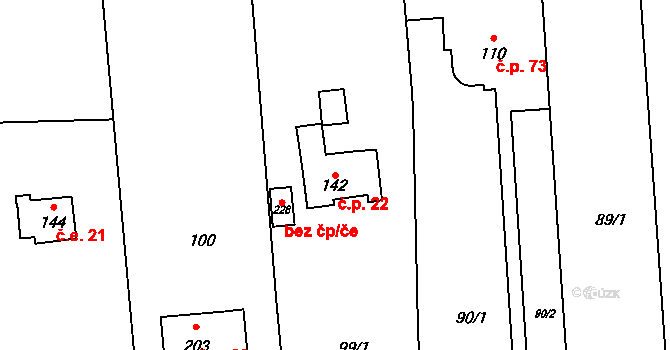 Hrabůvka 22 na parcele st. 142 v KÚ Hrabůvka u Hranic, Katastrální mapa