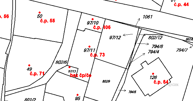 Hraběšín 73 na parcele st. 97/11 v KÚ Hraběšín, Katastrální mapa