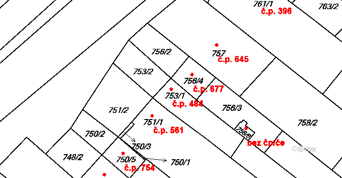 Veverská Bítýška 484 na parcele st. 753/1 v KÚ Veverská Bítýška, Katastrální mapa