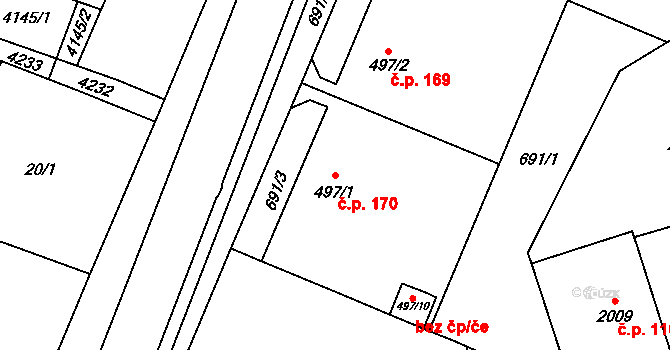 Kyjov 170 na parcele st. 497/1 v KÚ Kyjov, Katastrální mapa