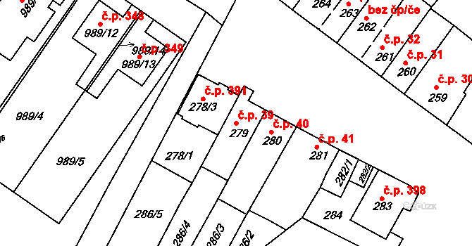 Šaratice 39 na parcele st. 279 v KÚ Šaratice, Katastrální mapa