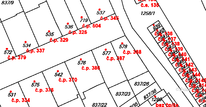 Dědice 387, Vyškov na parcele st. 577 v KÚ Dědice u Vyškova, Katastrální mapa