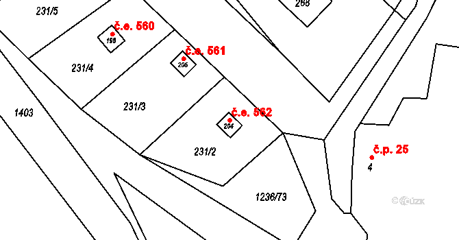 Domašov u Šternberka 562 na parcele st. 204 v KÚ Domašov u Šternberka, Katastrální mapa