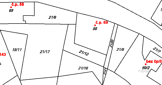 Hamr 69 na parcele st. 88 v KÚ Hamr, Katastrální mapa