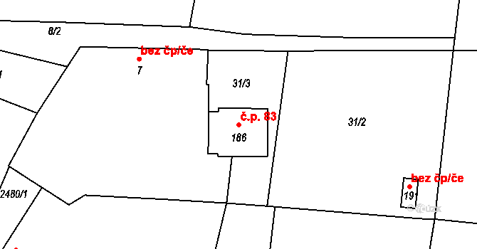 Hvožďany 83, Bechyně na parcele st. 186 v KÚ Hvožďany u Bechyně, Katastrální mapa