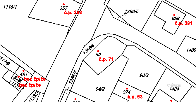 Miletín 71 na parcele st. 69 v KÚ Miletín, Katastrální mapa