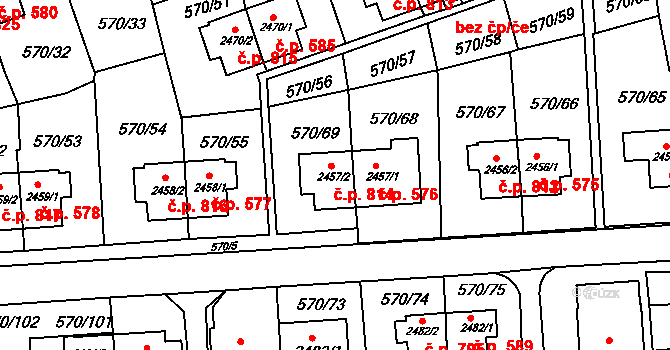 Borovina 814, Třebíč na parcele st. 2457/2 v KÚ Třebíč, Katastrální mapa
