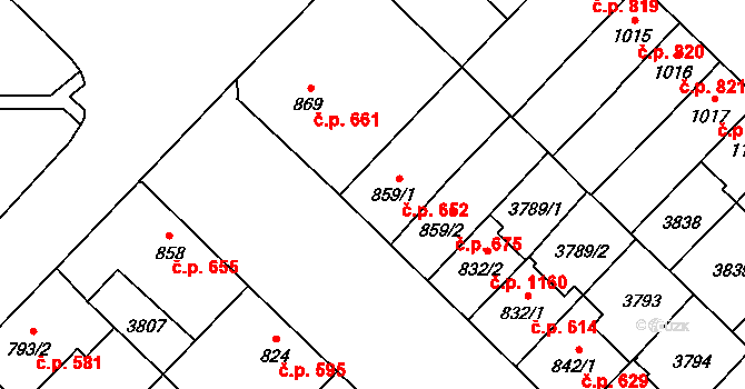 Břeclav 652 na parcele st. 859/1 v KÚ Břeclav, Katastrální mapa