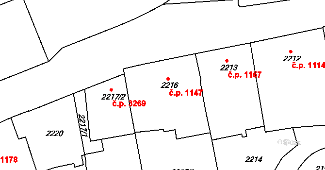 Teplice 1147 na parcele st. 2216 v KÚ Teplice, Katastrální mapa
