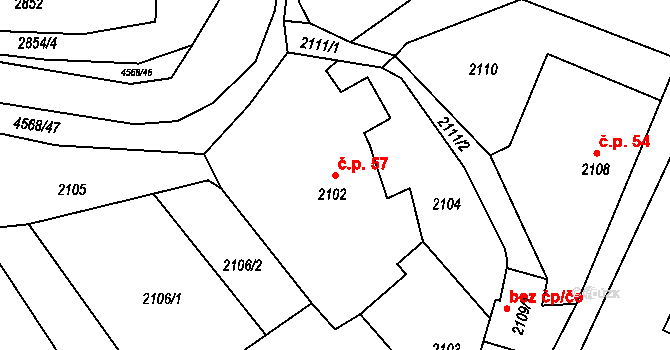Vendryně 57 na parcele st. 2102 v KÚ Vendryně, Katastrální mapa