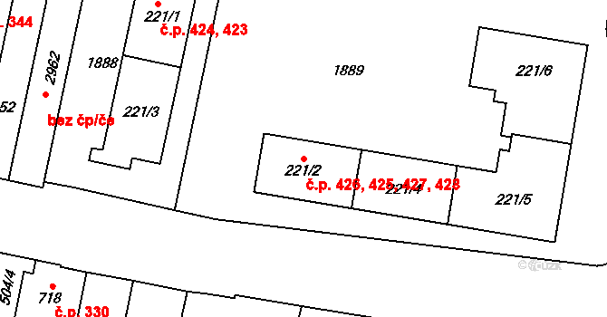 Litovel 425,426,427,428 na parcele st. 221/2 v KÚ Litovel, Katastrální mapa