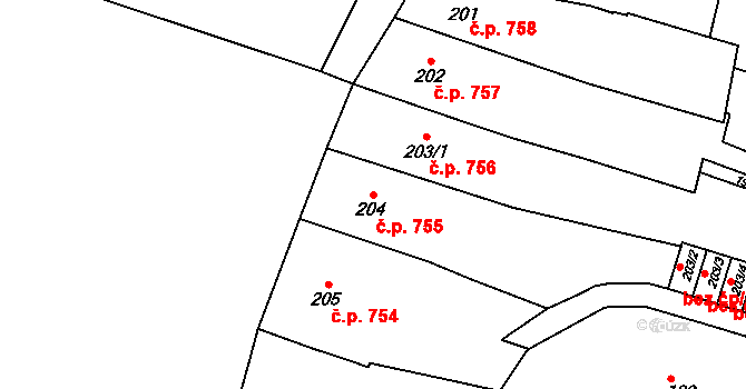 Litovel 755 na parcele st. 204 v KÚ Litovel, Katastrální mapa