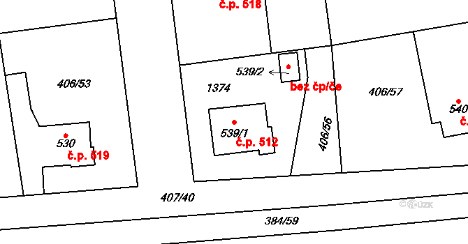 Veltrusy 512 na parcele st. 539/1 v KÚ Veltrusy, Katastrální mapa