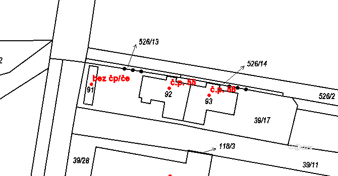 Karlova Ves 55 na parcele st. 92 v KÚ Karlova Ves, Katastrální mapa