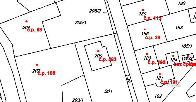 Jablůnka 483 na parcele st. 200 v KÚ Jablůnka, Katastrální mapa