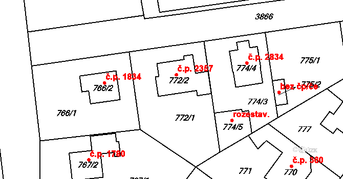 Horní Počernice 2357, Praha na parcele st. 772/1 v KÚ Horní Počernice, Katastrální mapa