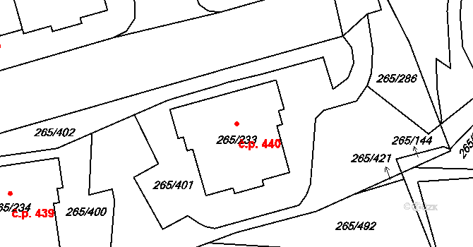 Újezd u Průhonic 440, Praha na parcele st. 265/233 v KÚ Újezd u Průhonic, Katastrální mapa