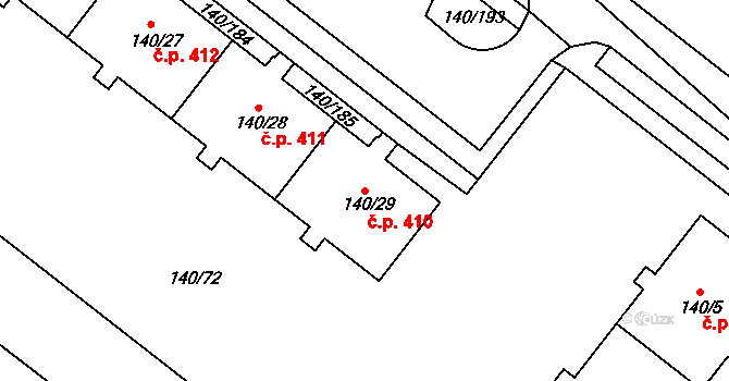 Lhotka 410, Praha na parcele st. 140/29 v KÚ Lhotka, Katastrální mapa